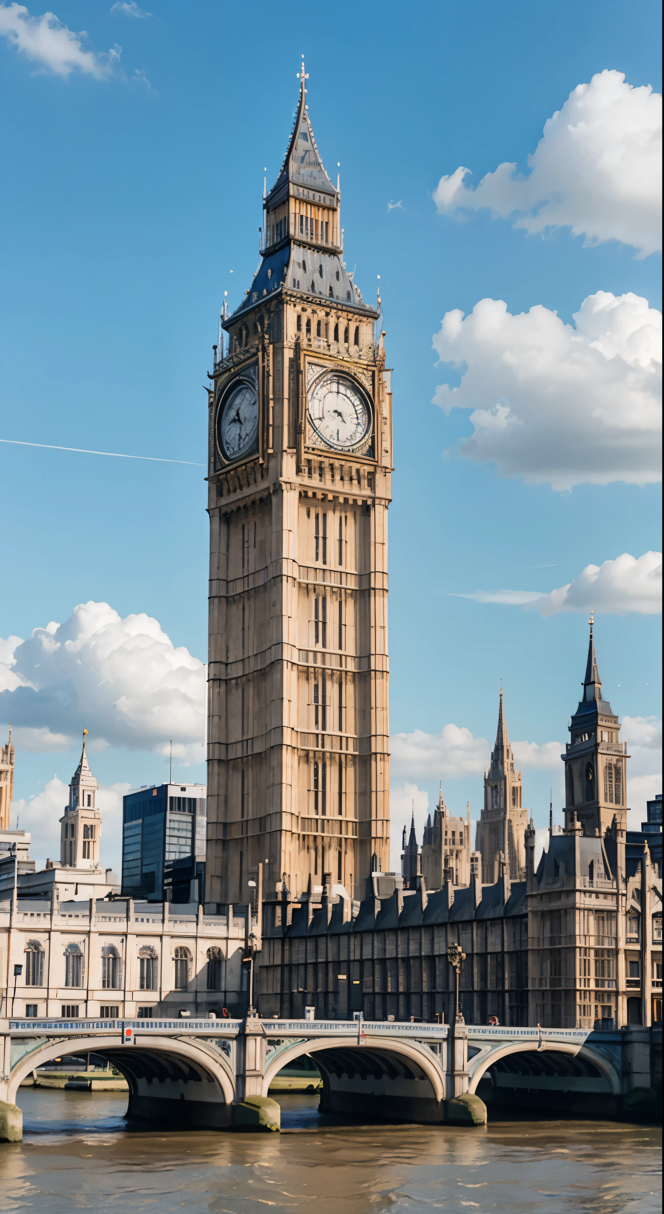 In the heart of London，By the river where you can see Big Ben　There are no people under the blue sky