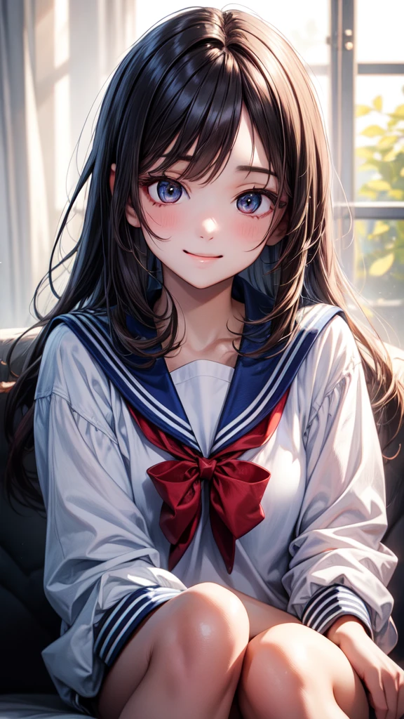 (masterpiece), Highest quality, Ultra-high resolution, Sharp focus, Beautiful woman in sailor suit, Left eye is blue, Red right eye, View your viewers, smile, Part your bangs in the center, Blue long hair