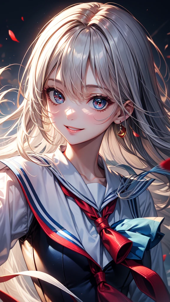 (masterpiece), Highest quality, Ultra-high resolution, Sharp focus, Beautiful woman in sailor suit, Left eye is blue, Red right eye, View your viewers, smile, Part your bangs in the center, Blue long hair