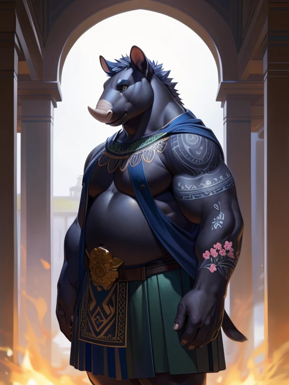 solo, anthro, furry, furry male, tapir,((short fur,furry, smooth fur, opaque fur)), (floral tattooed arms, floral tattooed chest), black pupils, white sclera, black body, black fur, dark blue eye, tail, detailed fur, detailed face, detailed eyes, bare chest, (black poncho, black kilt), temple, (by null-ghost,by raccoon21, masterpiece, high quality, hi-res, 8k, hd, half-light), standing,close-view portrait, looking at viewer, night, stoic expression, arrogant, dynamic pose, Fat male tapir, tapir trunk, full sleeve tattoos on both arms, torso covered in tattoos, spiky hair, mid 40s, poncho, no shirt, kilt,