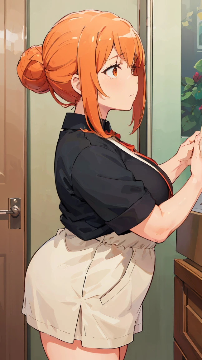 (Highest quality, 8K, masterpiece :1.3),Mrs. Yuigahama,ガハMom, As I expected, my youth romantic comedy is wrong。, One woman,Bun Hair,30 years old,Mom,Orange Hair,nsfw,Plump body,