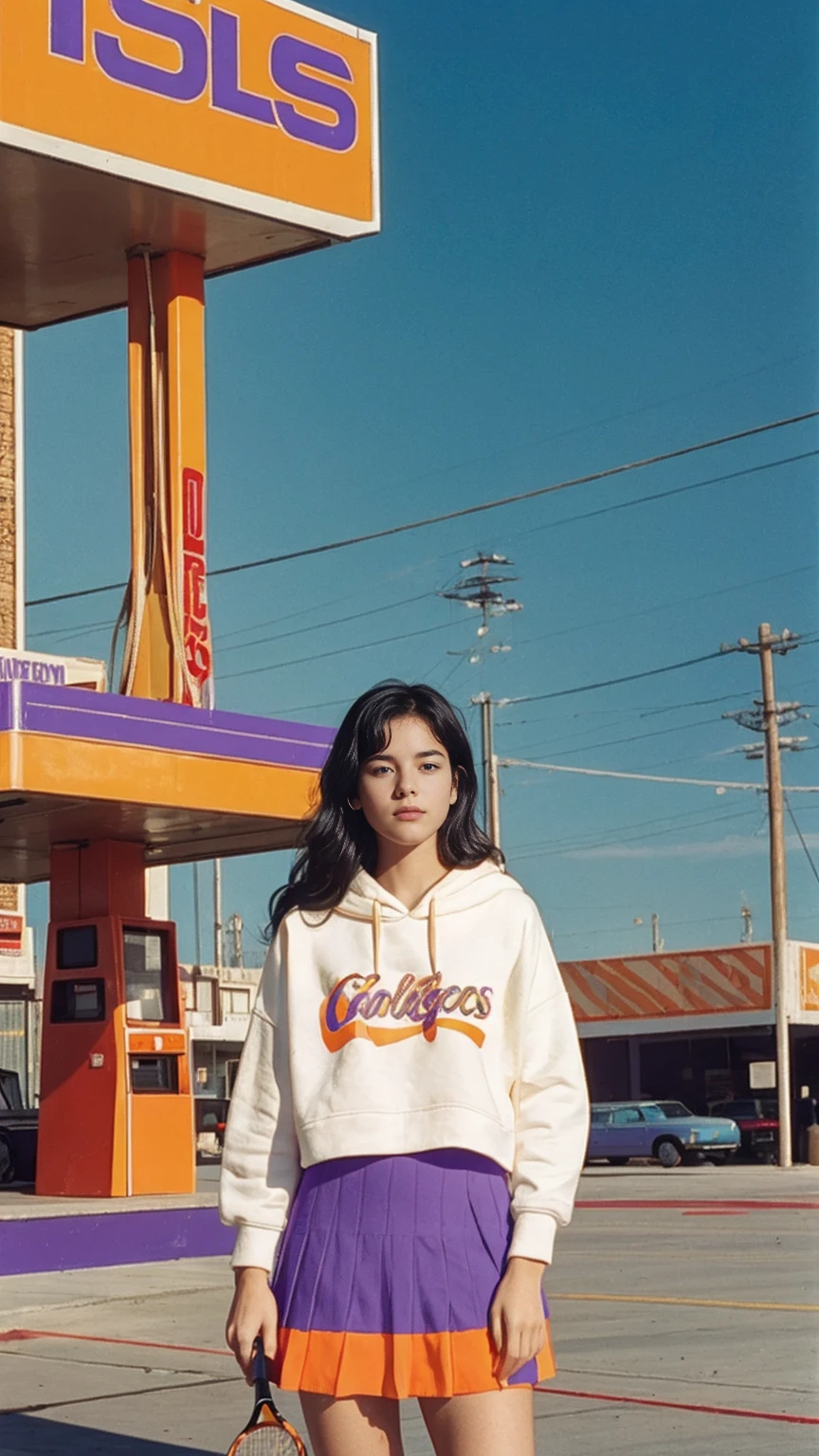 (medium long shot portrait) of cute 23 yo girl ,wear ((orange color oversized_hoodie)), wear ((purple tennis skirt)),looking front,Best Quality,Masterpiece,Ultra High Resolution,(Realisticity:1.4),Original Photo, 1Girl, light leak,ultra high resolution,UHD,beautiful, ((black straight hair)), almond eye, no makeup, in front of ((80's colorful los angles gas station)), (realistic:1.2), (surreal:1.3), (very detailed:1.1), ((masterpiece)),summer, blue sky, palm trees,sunny, los angles vibes,film camera, 800mm lens,style of Philip Lorca diCorcia