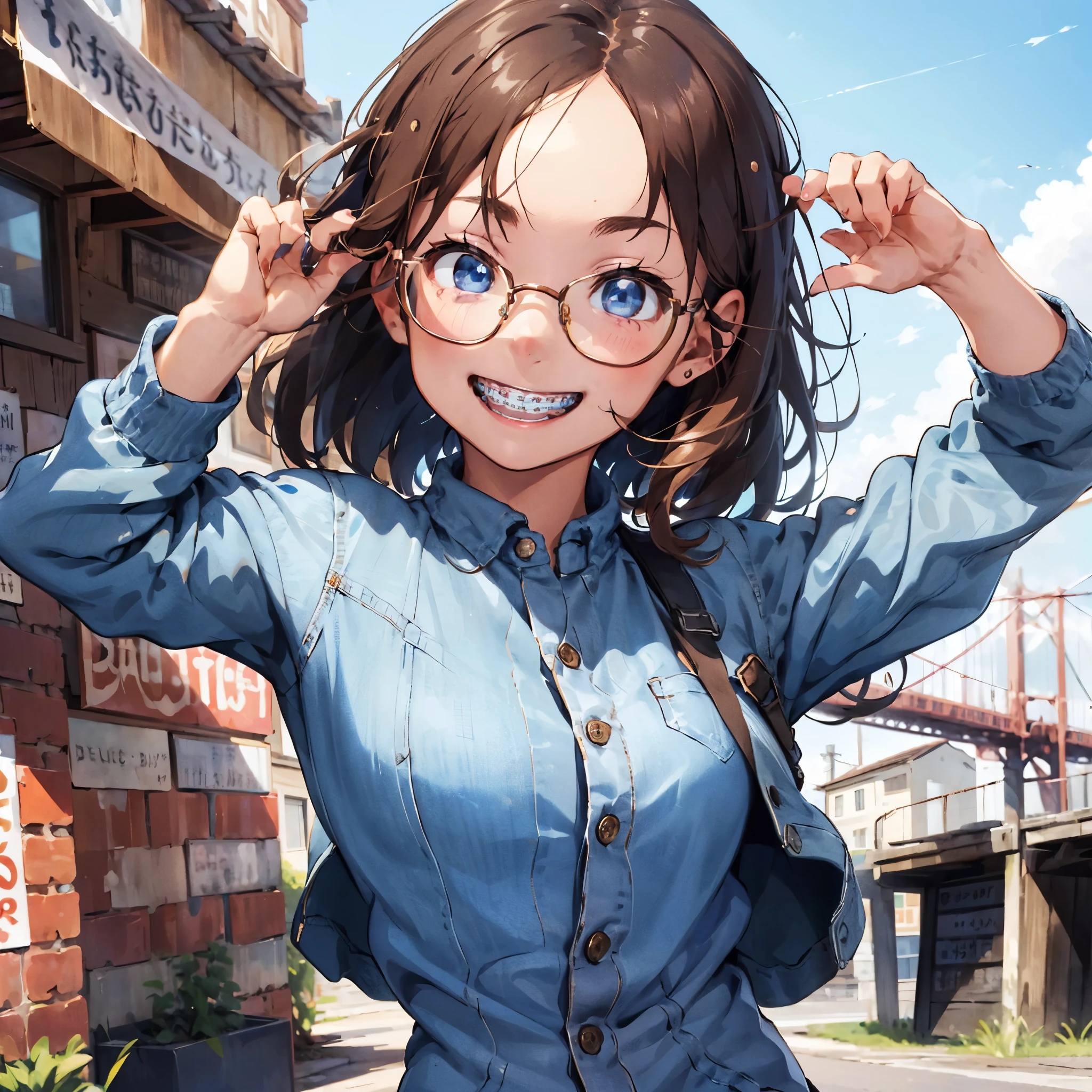 1girl,  eyes, braces, glasses, smiling, cute, blue eyes, blush, brown hair, wearing blue jeans jacket, big smile, her arms raised to the sky, best quality, masterpiece, highres