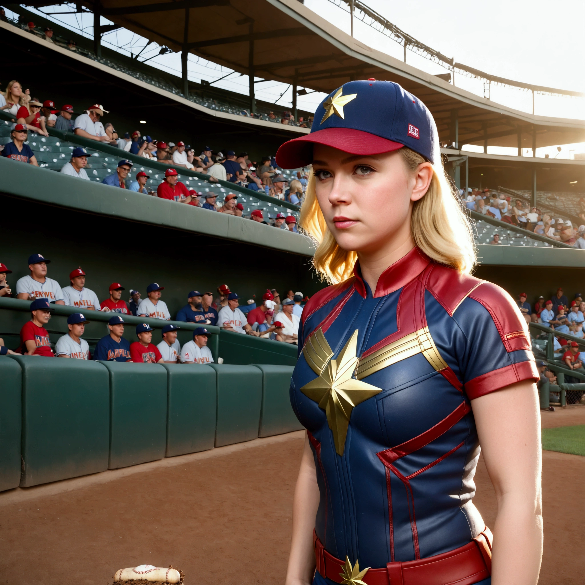 (Brea Larson, age 25, Captain Marvel, baseball cap, chewing tobacco) she is pitching the baseball, crowded dugout, baseball game, show all of her
