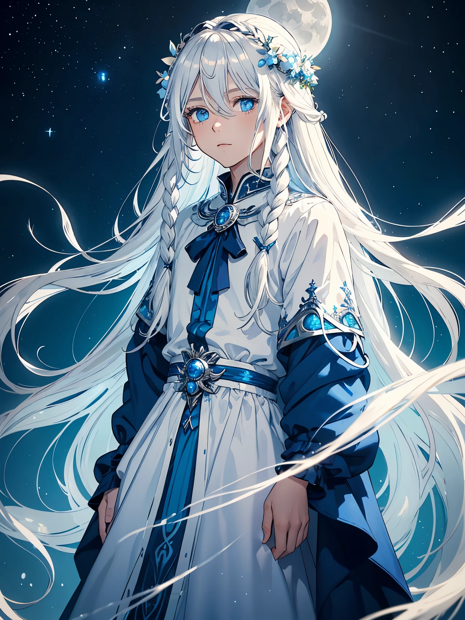 Männlich. Boy. Mann. Long hair. long white hair. aquatic, boy, Goddess of the Moon, silver hair accessories, White hair, blue flowers. Blue lights. blue dress, cape, at night, saturated colors, light eyes, bright, light blue light, blue eyes, Jewelry silver
