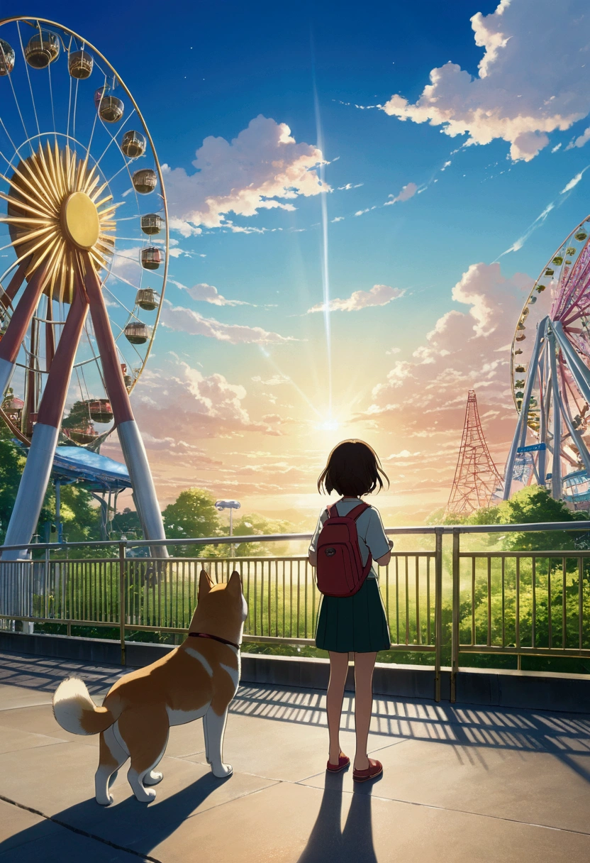 Makoto Shinkai Taste, Beautiful sky, Shining Sun,Shiba Inu Puppy, Healing scenes,amusement park,Wide angle、