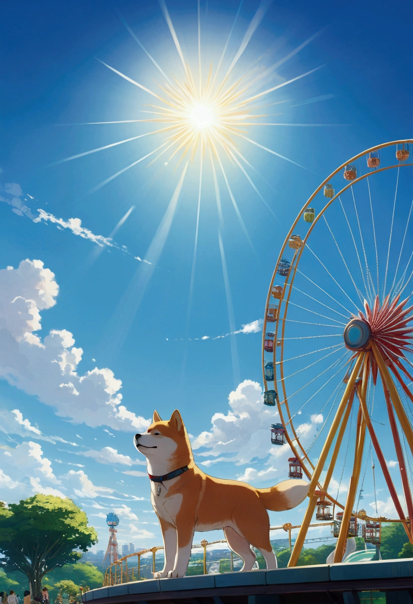 Makoto Shinkai Taste, Beautiful sky, Shining Sun,Shiba Inu Puppy, Healing scenes,amusement park,Wide angle、