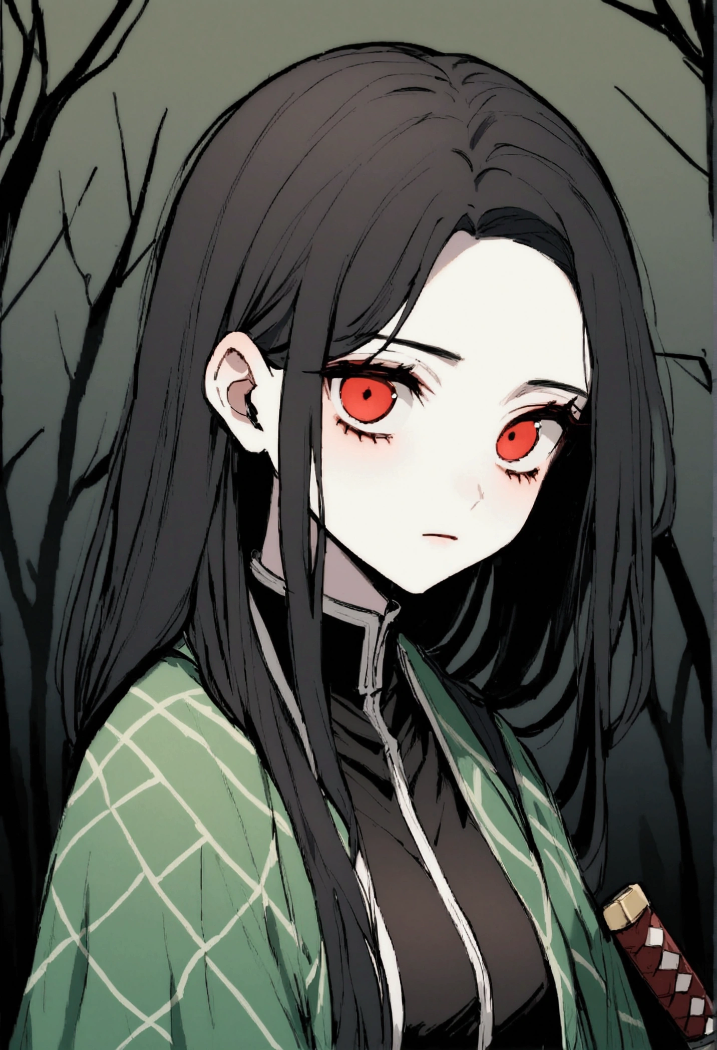 make me a female, 18yo, jade green haori, emotionless face, short black hair, red eyes, dark forest background scenery, she has a katana