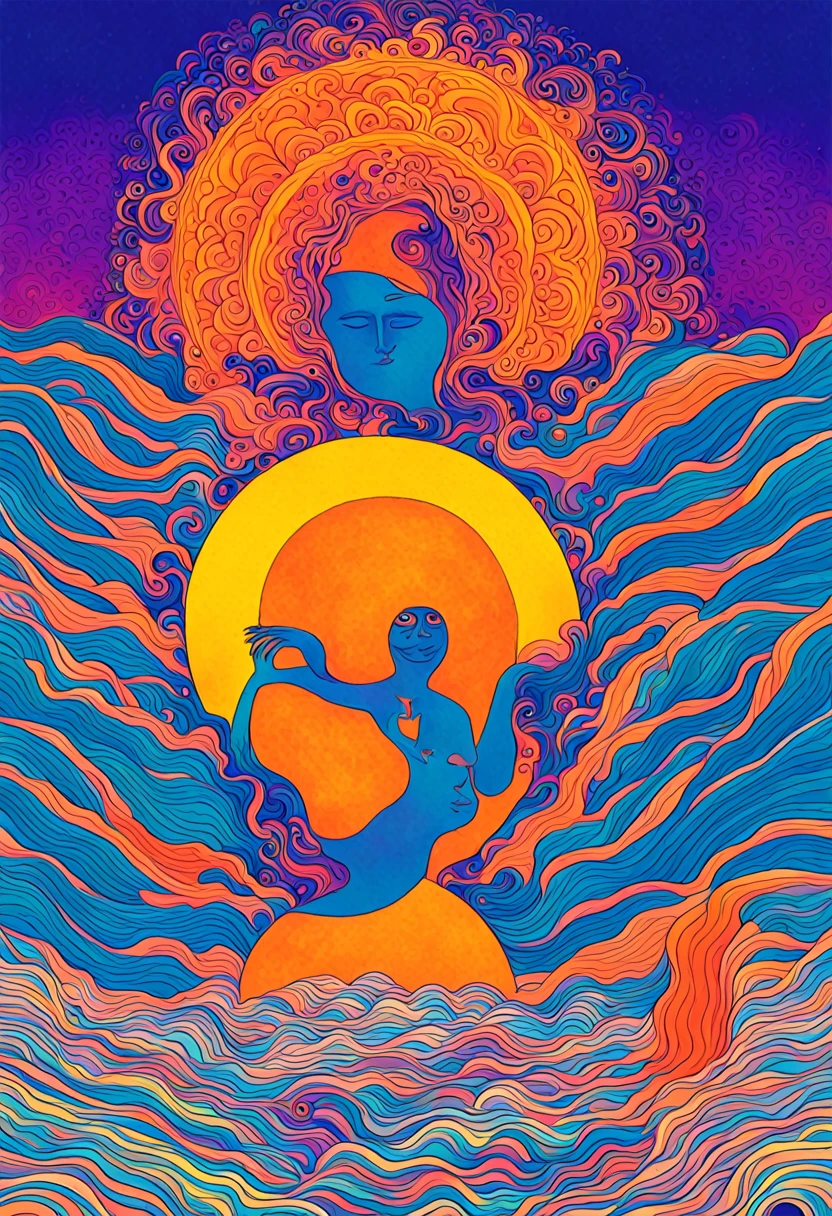 album cover with modern and minimalist frame, orange human figure emerging from the blue sea and ascending to the violet heavens, yellow inca sun in the upper background, mountains in the lower background, swirly vibrant colors, psychedelic art