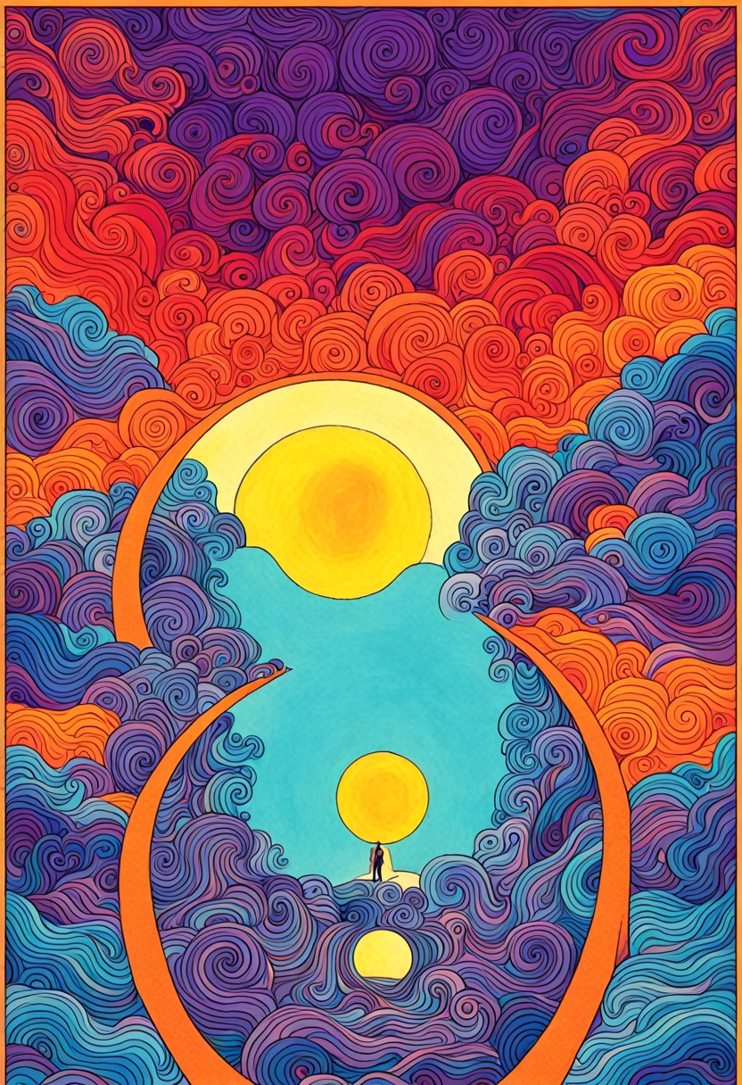 album cover with modern and minimalist frame, orange human figure emerging from the blue sea and ascending to the violet heavens, yellow inca sun in the upper background, mountains in the lower background, swirly vibrant colors, psychedelic art