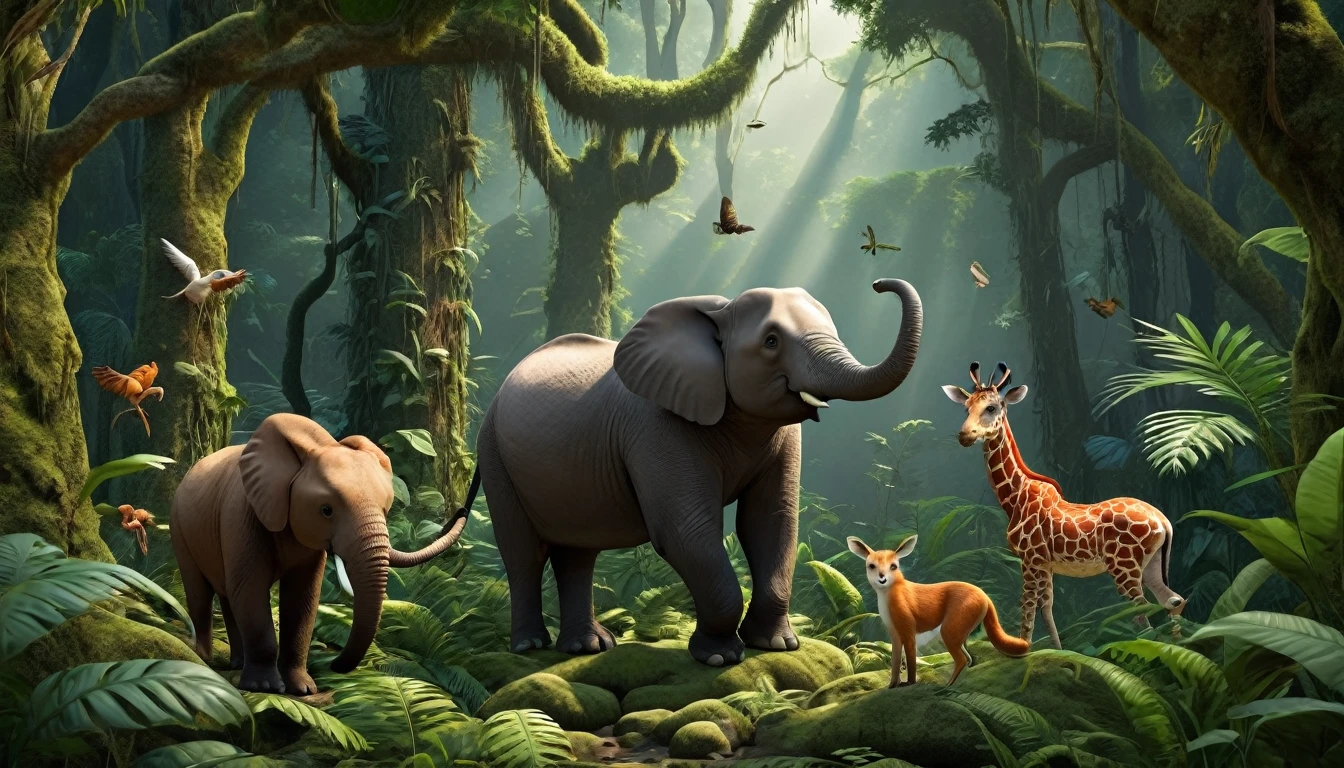 A stunning 3D scene，A beautiful forest scene，Dense jungle，There are three animals in it
