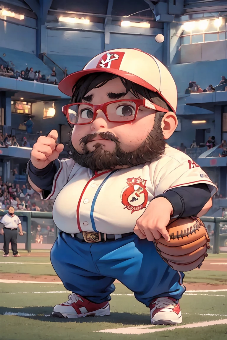 １male, alone, (Yossan), Ultra-high resolution,beard, Glasses, ((Are fat)), chibi, muscle, Dynamic, baseball player, (野court), uniform, bat, Gloves, Helmet, baseball belt, During the game, Batter Box, Stance, court, audience, illumination, Tension, A look of determination, Powerful