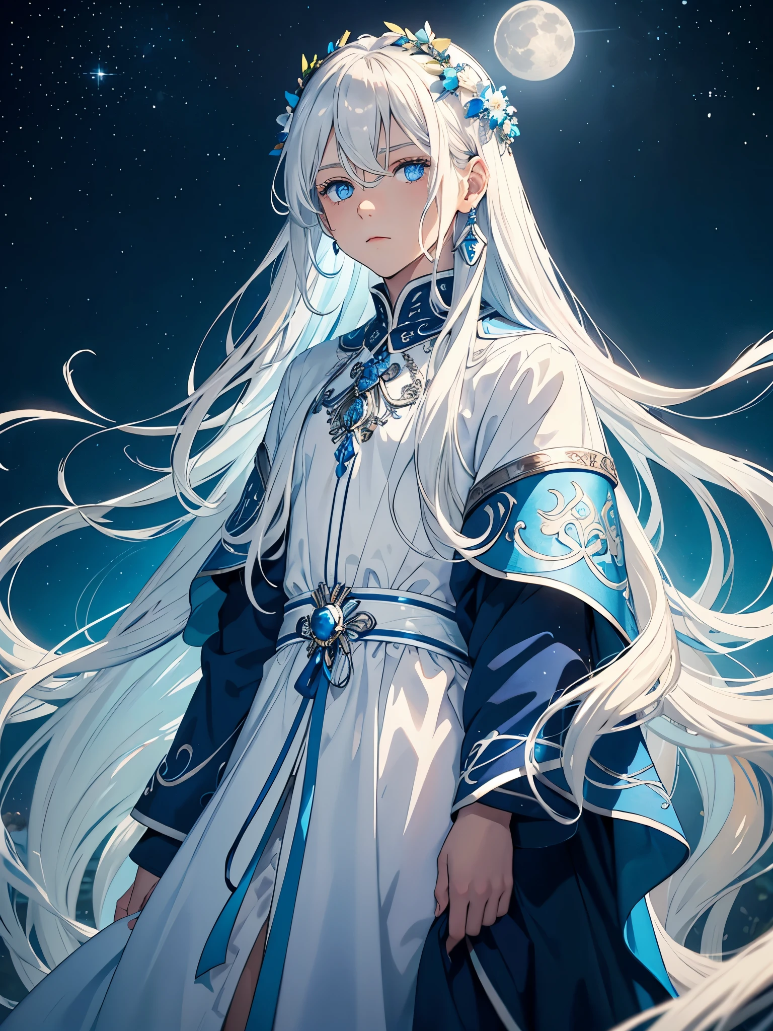 Männlich. Boy. Mann. Long hair. long white hair. aquatic, boy, Goddess of the Moon, silver hair accessories, White hair, blue flowers. Blue lights. blue dress, cape, at night, saturated colors, light eyes, bright, light blue light, blue eyes, Jewelry silver