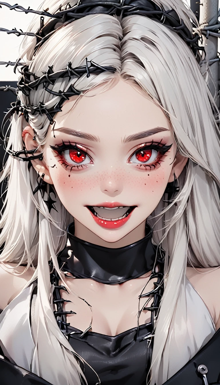 Beautiful white-haired girl with piercing red eyes, Open your lips wide and smile, Black nails, Barbed wire everywhere(Wrapped in black barbed wire)