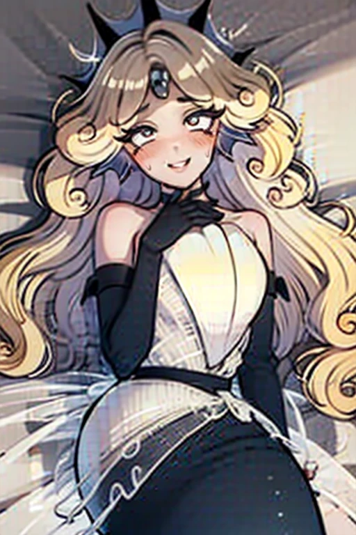 a hot seductive mature woman, black pearl cookie, lying down in bed. she has a curvy but slim body, with lovely curves and long sexy legs. her skin is grey and so smooth that it glows. her hair is long, wavy and white, and it's fluffy and messed up. her eyes and white and sharp with long eyelashes. she's wearing a black dress, as well as a pair of long black stockings and a choker. her pose is seductive and alluring: she's lying down on the bed while looking at the viewer. the viewer is in front of her and has a close up of her face from above. HD, very detailed picture