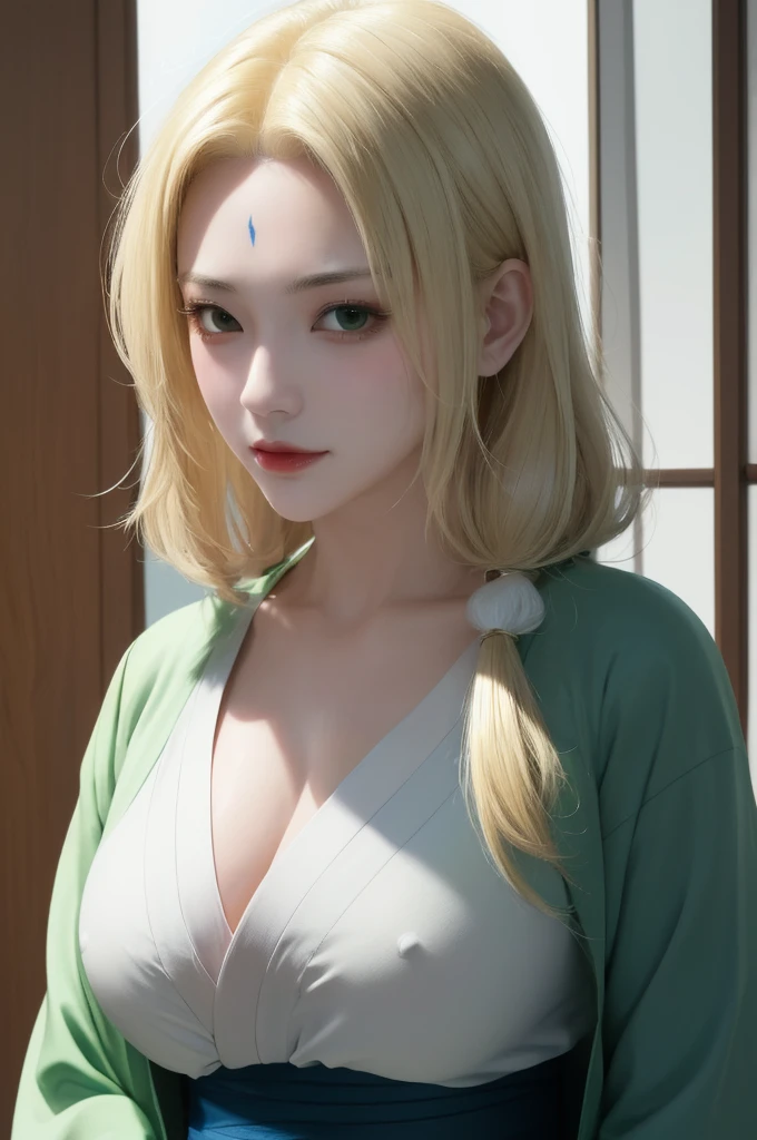 highres, sharp focus, pixiv masterpiece, ((intricate details)), highly detailed,  upper body, 1girl, mature, blonde hair, blue forehead mark,white kimono, green jacket, sash, tsunade_senju, 