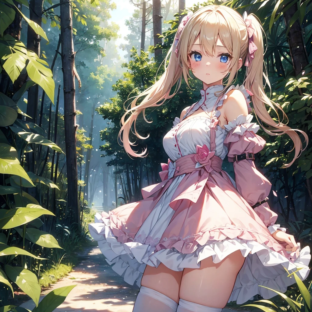 A girl in pink armor、White panties、Blushing、Walking in the forest、Blonde、Twin tails、Blue Eyes、