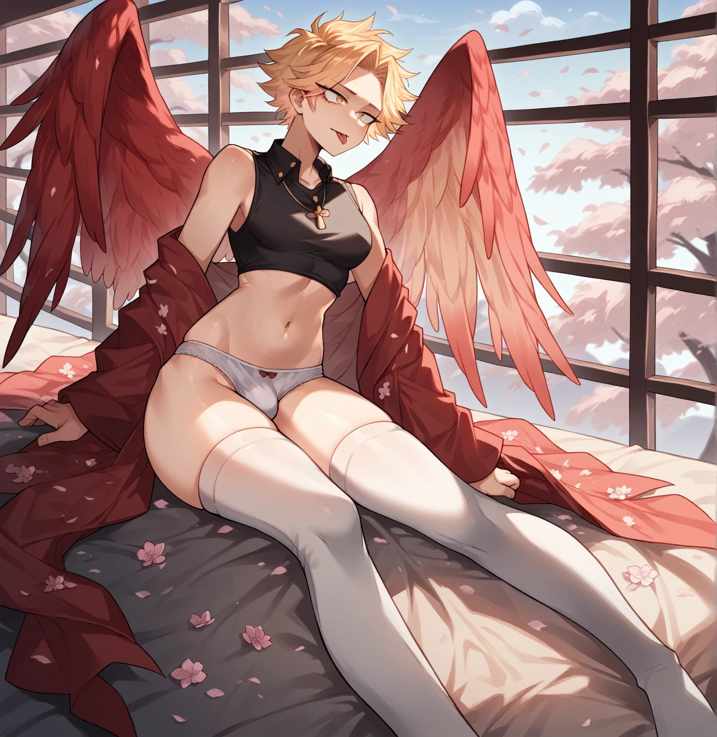 [1], Alone, chico submissive delicate, gay blonde, slicked back hair with two front strands, gold eyes, red bird wings on its back, small red bird tail , fine ranges, delicate, submissive, curves in the thighs, small waist, delicate hands, Clothes: black necklace, black sleeveless shirt collar long thigh length, white panties, long white stockings above the knees, apariencia submissive, scenery: room, lying on top of a futon, with the tongue out obscene lascivious expression, big windows, Cherry blossoms, Hawks, Boku no hero academia