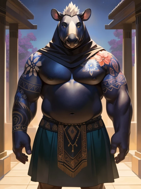 solo, anthro, furry, furry male, tapir,((short fur,furry, smooth fur, opaque fur)), (floral tattooed arms, floral tattooed chest), black pupils, white sclera, black body, black fur, dark blue eye, tail, detailed fur, detailed face, detailed eyes, bare chest, (black poncho, black kilt), temple, (by null-ghost,by raccoon21, masterpiece, high quality, hi-res, 8k, hd, half-light), standing,close-view portrait, looking at viewer, night, stoic expression, arrogant, dynamic pose, Fat male tapir, tapir trunk, full sleeve tattoos on both arms, torso covered in tattoos, spiky hair, mid 40s, poncho, no shirt, kilt,