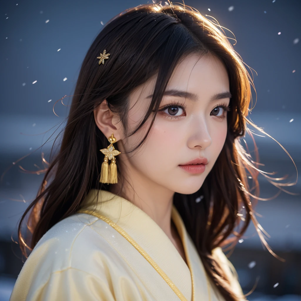 Anime, long dark brown hair, long dark brown hair, floating hair, golden eyes, golden eyes, delicate and smart eyes, starry pupils, intricate white and gold kimono, gorgeous accessories, wearing tassel earrings, FOV, f1.8, masterpiece, complex scene, snowflakes flying, front portrait shot, Chang'e, snowing night, night