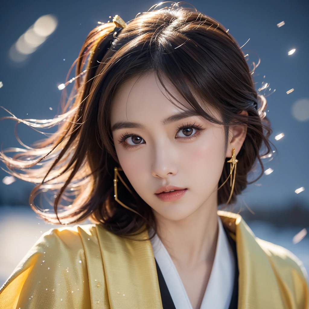 Anime, long dark brown hair, long dark brown hair, floating hair, golden eyes, golden eyes, delicate and smart eyes, starry pupils, intricate white and gold kimono, gorgeous accessories, wearing tassel earrings, FOV, f1.8, masterpiece, complex scene, snowflakes flying, front portrait shot, Chang'e, snowing night, night