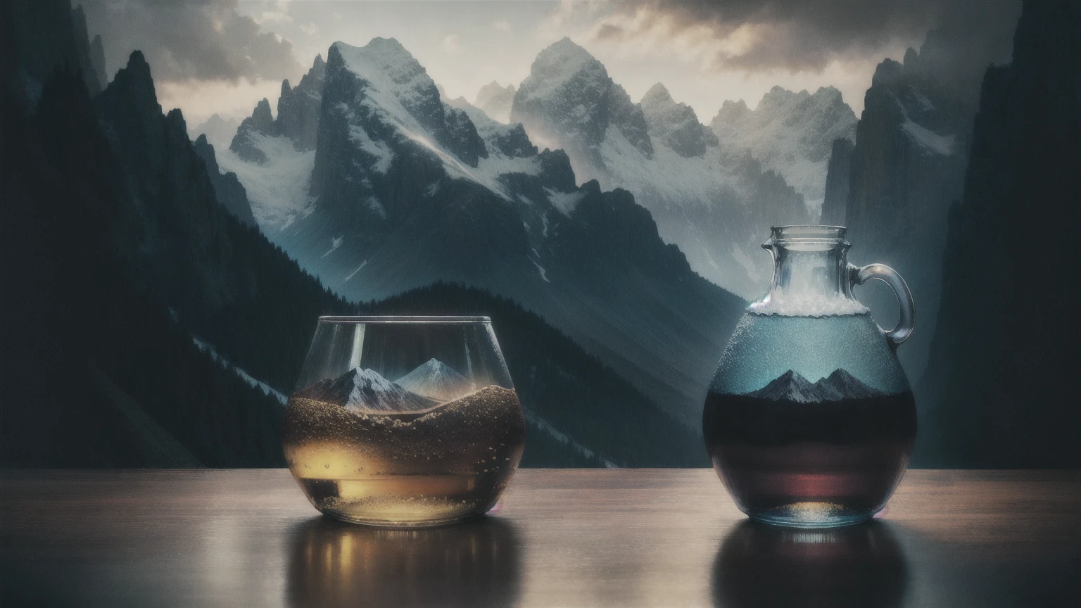 MOUNTAIN IN THE BOTTLER, fluffy, realistic, atmospheric light refraction, by lee jeffries nikon d850 film stock photograph 4 kodak portra 400 camera f1.6 lens rich colors hyper realistic lifelike texture dramatic lighting unreal engine trending on artstation cinestill 800, Style-Glass