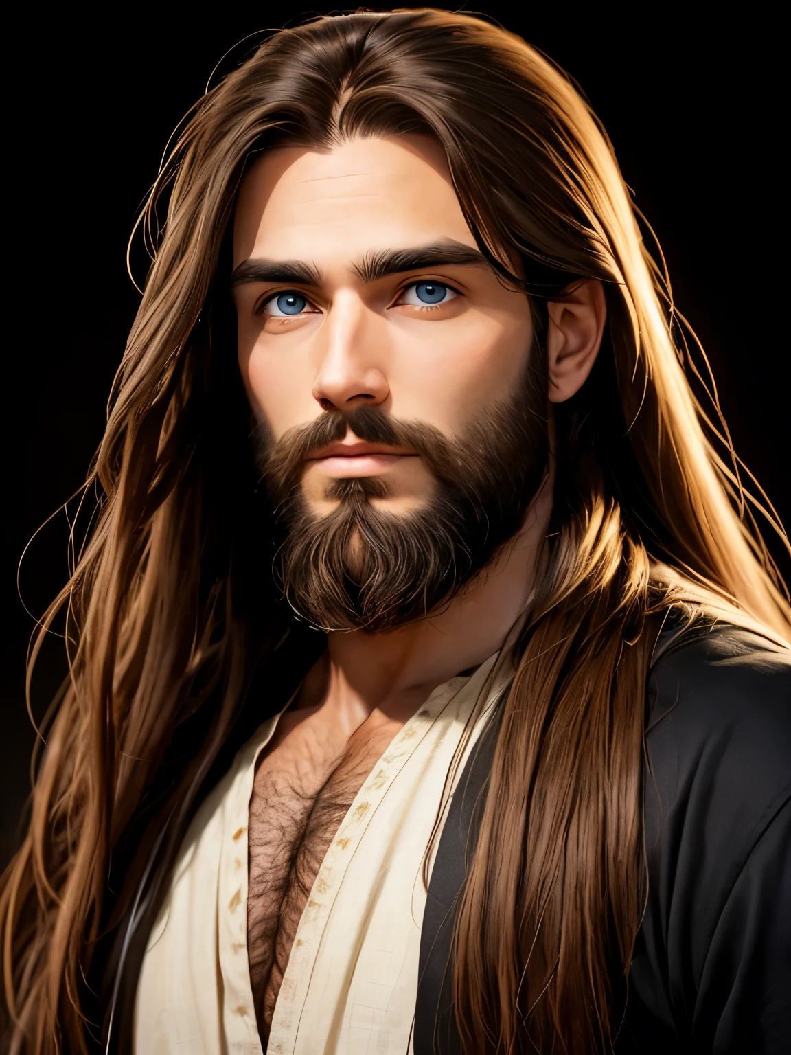 man, jesus christ, face, beard, long light brown hair, light eyes, black background