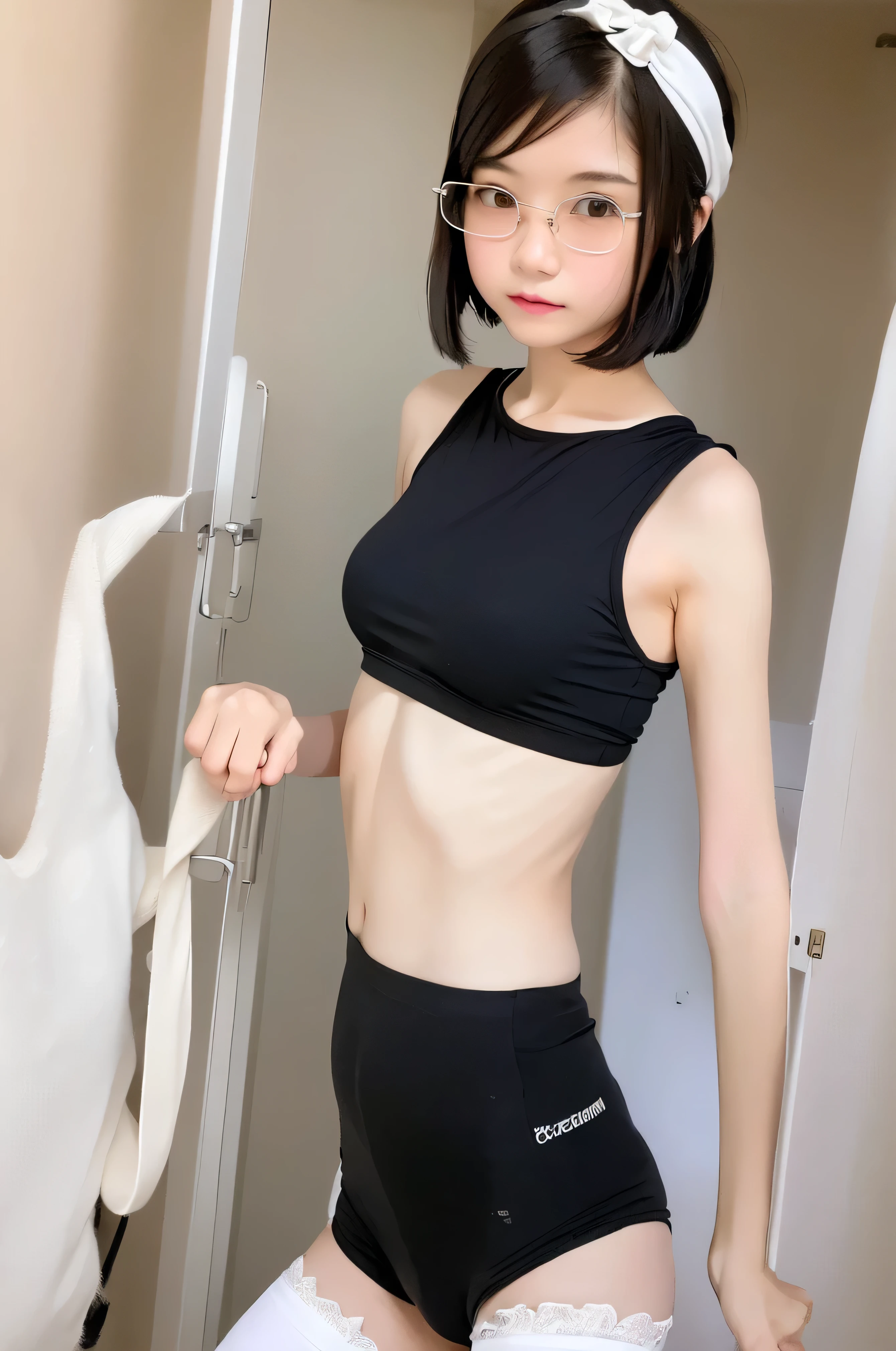 (masterpiece, Highest quality, It captures a very cute moment, Depth of written boundary, Super detailed, Ultra-high resolution, C4D, Octadale, 3D Modeling,Realistic human photos、 8K, 16K, One Girl,Middle school students, 、Small breasts,Black Hair,short hair,Straight Hair,Light brown eyes,White headband,Wearing black glasses,Cute face), Bloomers, Black tank top, zettai ryouiki, Wet clothes,Classroom Nights,Moonlight, Good elevator, Take off、Real-life skin、Not an anime、Realistic、