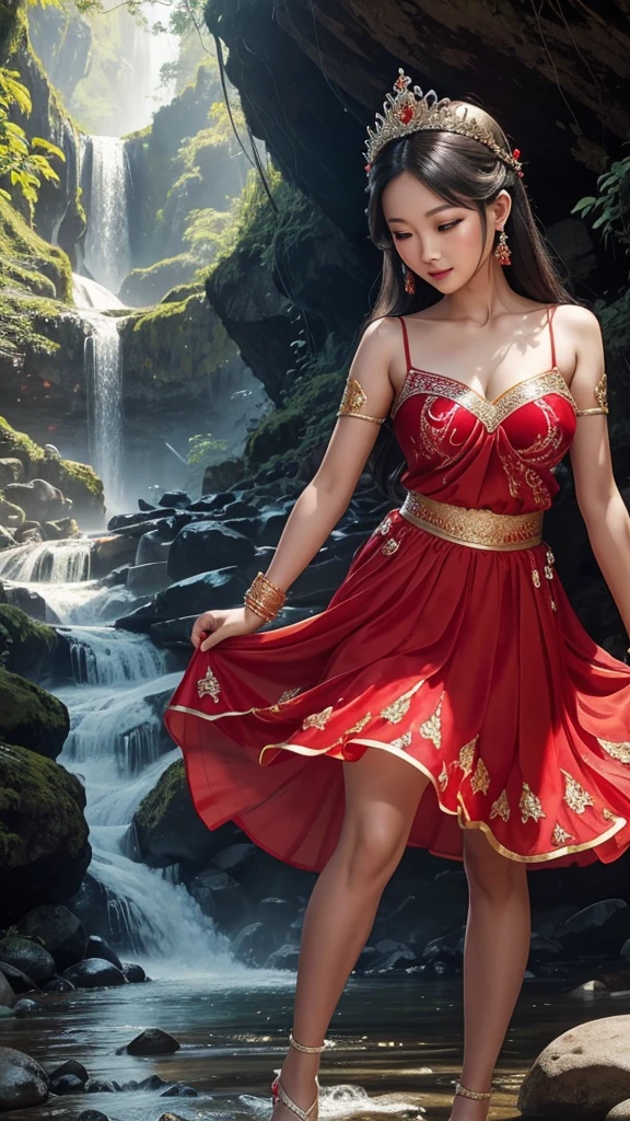 Thai beauties are dancing in red and white Thai dresses with beautiful flowing chiffon skirt patterns. Wearing a crown of diamonds, arms, wrists, and ankles, the backdrop is a waterfall along a high mountain stream, soft light.