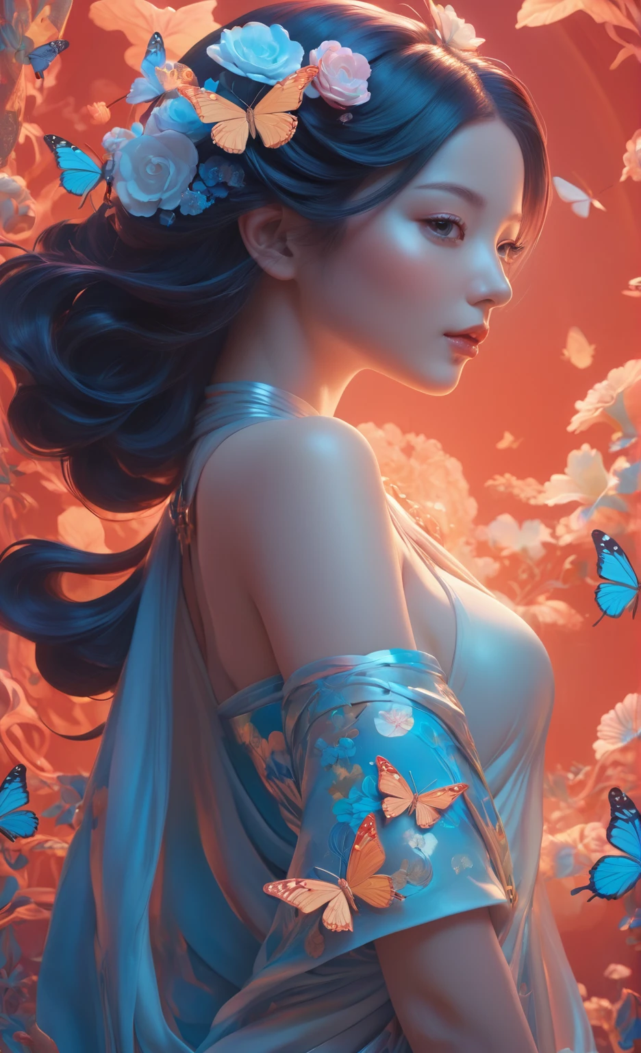 Arabian woman with flower wreath and butterflies, James Jean and Urop, Beeple and James Jean, James Jean Soft Light 4K, James Jean Soft Light 4K, Weta Studios and James Jean, 3D neon art of female body, james jean artwork, JamesJean」, Inspired by James Jean, Beeple and Alphonse Mucha