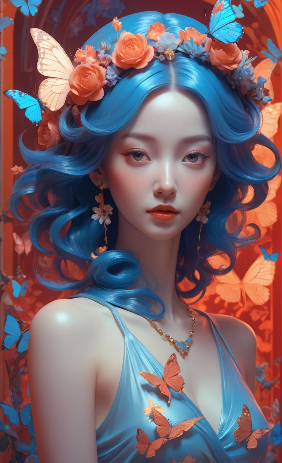 Arabian woman with flower wreath and butterflies, James Jean and Urop, Beeple and James Jean, James Jean Soft Light 4K, James Jean Soft Light 4K, Weta Studios and James Jean, 3D neon art of female body, james jean artwork, JamesJean」, Inspired by James Jean, Beeple and Alphonse Mucha