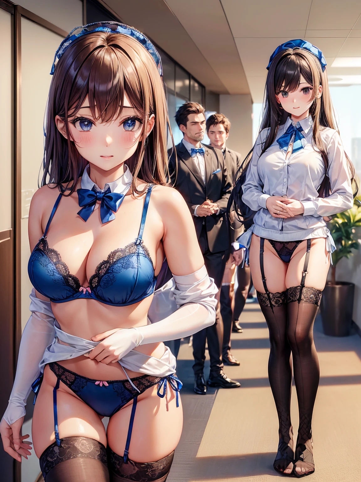 ((一人のIn underwearの女性はセクシーにOffice corridorを歩いている:1.8), Beautiful Anime Women, Beautiful art style, Anime characters, ((Smooth texture, Realistic texture, Anime CG Style)), ((Highest quality)), (Very detailed), (Very detailed CG 統合 8k 壁紙), Very detailed, High-resolution RAW color photos, Professional photography, Brown Hair, Stylish hairstyle, Great face and eyes, Beautiful and big breasts, Slender body, (Stunningly beautiful woman), (Detailed face:1.2), (Office corridor, (In the background, many men in suits are walking down a corridor:1.1), There is a window in the hallway:1.3), ((Bow tie around neck:1.3), (Black high heels:1.1), (Employee ID card worn around the neck:1.5), (Sexy and cute blue underwear:1.3), (Stylish shiny blue satin panties, Side-tie panties, Panties with plain blue center and lace decoration on the sides:1.3), (Thin panties:1.3), (Blue micro lace satin bra, Blue bra with lace trim, Thin bra:1.3), (lace garter belt, Garter Strings, Knee socks:1.3):1.3), (naked, In underwear, Bra and panties only:1.3), In underwearのオフィスレディ, Exact number of arms, Exact number of legs, Perfect Anatomy, (Embarrassed expression, Surprised expression), Angle from the front, Exact finger count、Exact number of legs、(Exact number of arms:1.0, Exact number of hands:1.0), (Perfect hands, Perfect Anatomy)