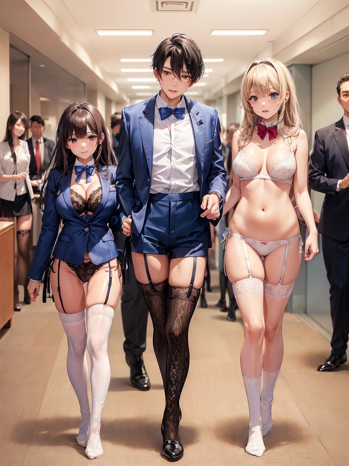 ((一人のIn underwearの女性はセクシーにOffice corridorを歩いている:1.8), Beautiful Anime Women, Beautiful art style, Anime characters, ((Smooth texture, Realistic texture, Anime CG Style)), ((Highest quality)), (Very detailed), (Very detailed CG 統合 8k 壁紙), Very detailed, High-resolution RAW color photos, Professional photography, Brown Hair, Stylish hairstyle, Great face and eyes, Beautiful and big breasts, Slender body, (Stunningly beautiful woman), (Detailed face:1.2), (Office corridor, (In the background, many men in suits are walking down a corridor:1.1), There is a window in the hallway:1.3), ((Bow tie around neck:1.3), (Black high heels:1.1), (Employee ID card worn around the neck:1.5), (Sexy and cute blue underwear:1.3), (Stylish shiny blue satin panties, Side-tie panties, Panties with plain blue center and lace decoration on the sides:1.3), (Thin panties:1.3), (Blue micro lace satin bra, Blue bra with lace trim, Thin bra:1.3), (lace garter belt, Garter Strings, Knee socks:1.3):1.3), (naked, In underwear, Bra and panties only:1.3), In underwearのオフィスレディ, Exact number of arms, Exact number of legs, Perfect Anatomy, (Embarrassed expression, Surprised expression), Angle from the front, Exact finger count、Exact number of legs、(Exact number of arms:1.0, Exact number of hands:1.0), (Perfect hands, Perfect Anatomy)