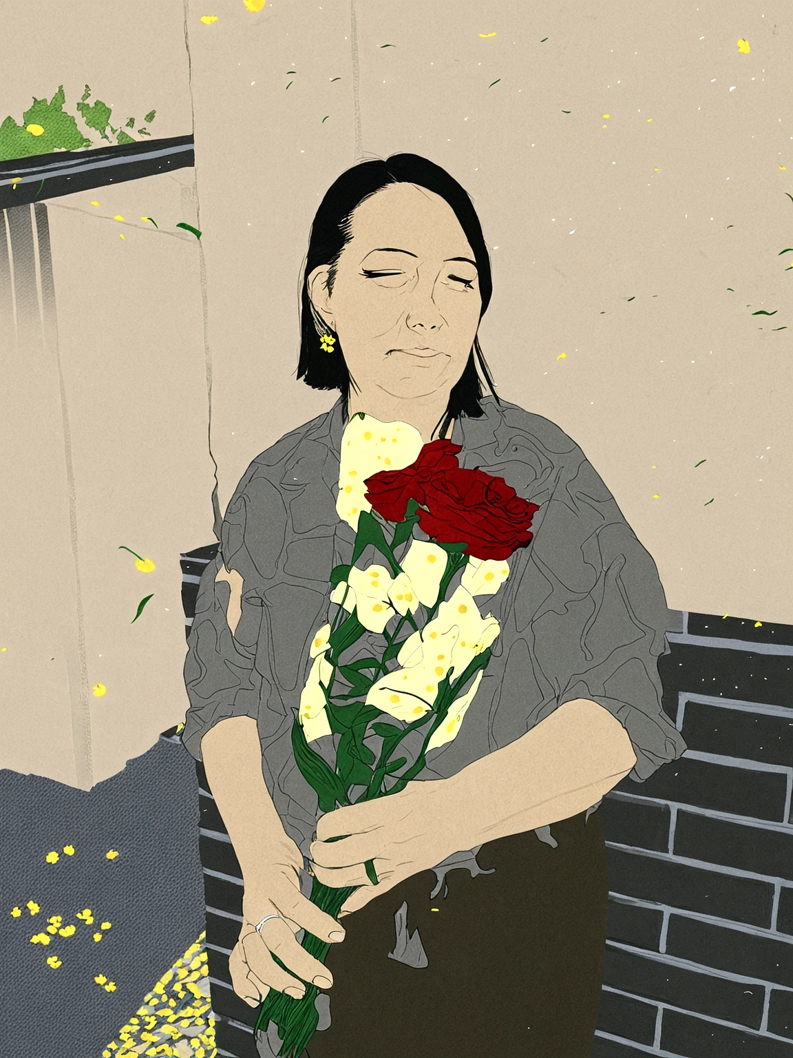 The background is realistic, Girl with flowers, with short black hair