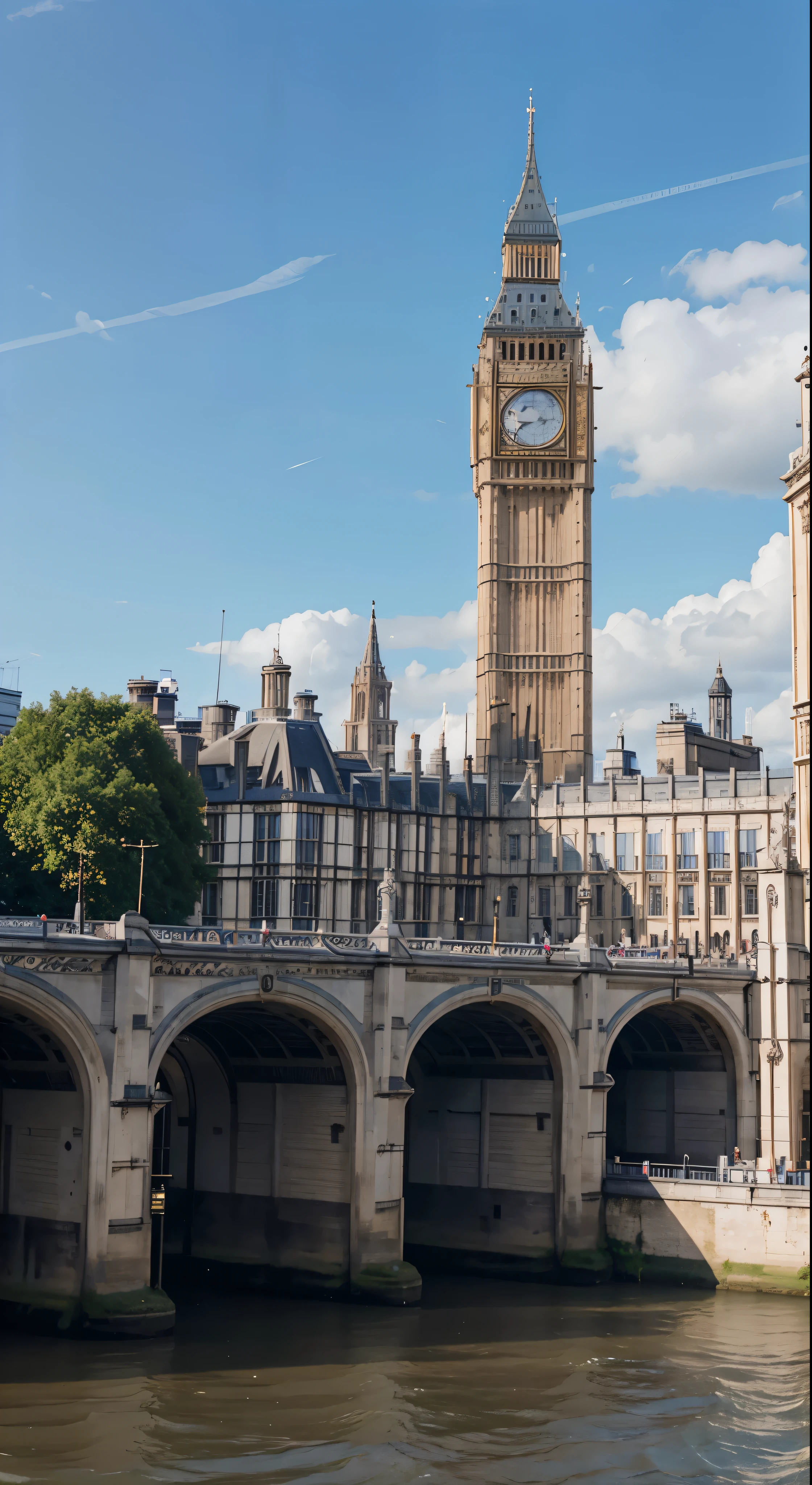 In the heart of London，By the river where you can see Big Ben　There are no people under the blue sky