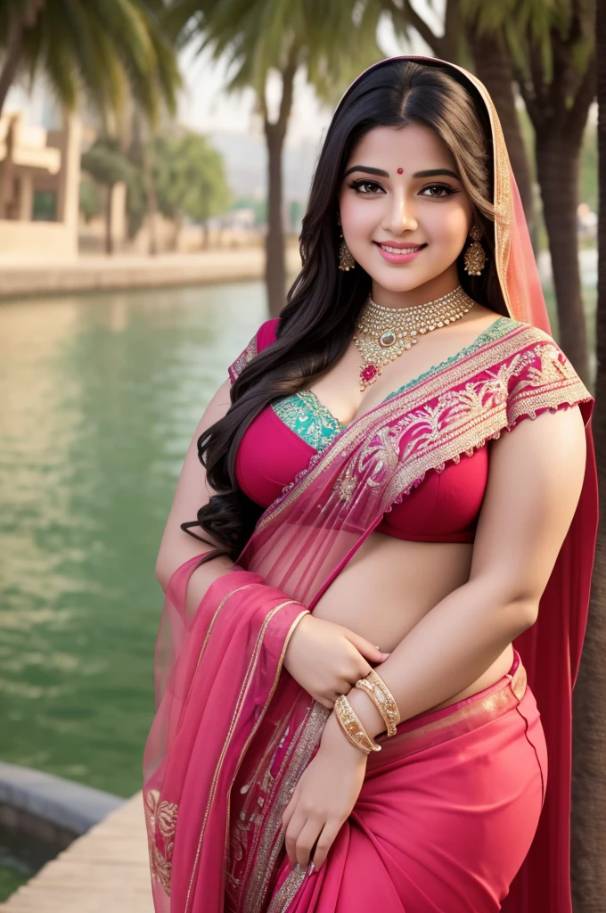 1 Heavenly beautiful and goddess beauty cute and sweet looking face Arabian woman in Scenic Riverside Promenade, Heavenly beautiful Overweight, Heavenly beautiful Extremely fat, Heavenly beautiful and attractive Chubby figure , Heavenly beautiful looking and eye catching luxury style Indian traditional saree and bra, reaching out, Heavenly beautiful Arabian woman, 16k, High resolution, masterpiece, highest quality, fine skin, outside view, Realistic Photograph, close up figure view, Heavenly beautiful smile face