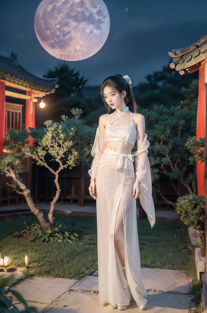 (((best quality))),(((ultra detailed))),(((masterpiece))),illustration,((1 beautiful girl,solo)),(short ponytail:1.2),((bright eyes,gentle smile)),((slim,thin)),((small breasts,flat chest)),(white see through sheer strap Hanfu:1.3),(slender legs:1.2),flowing fabric,serene demeanor,vibrant plants and trees,(Chinese-style architecture:1.3),tile roofs,intricate wooden carvings,rich and vivid colors,(serene glow of the moon:1.5),(((colorful clouds))),traditional Chinese garment,(((summer night,village courtyard))),(standing:1.3),(arms behind back:1.3),((from front,full body))