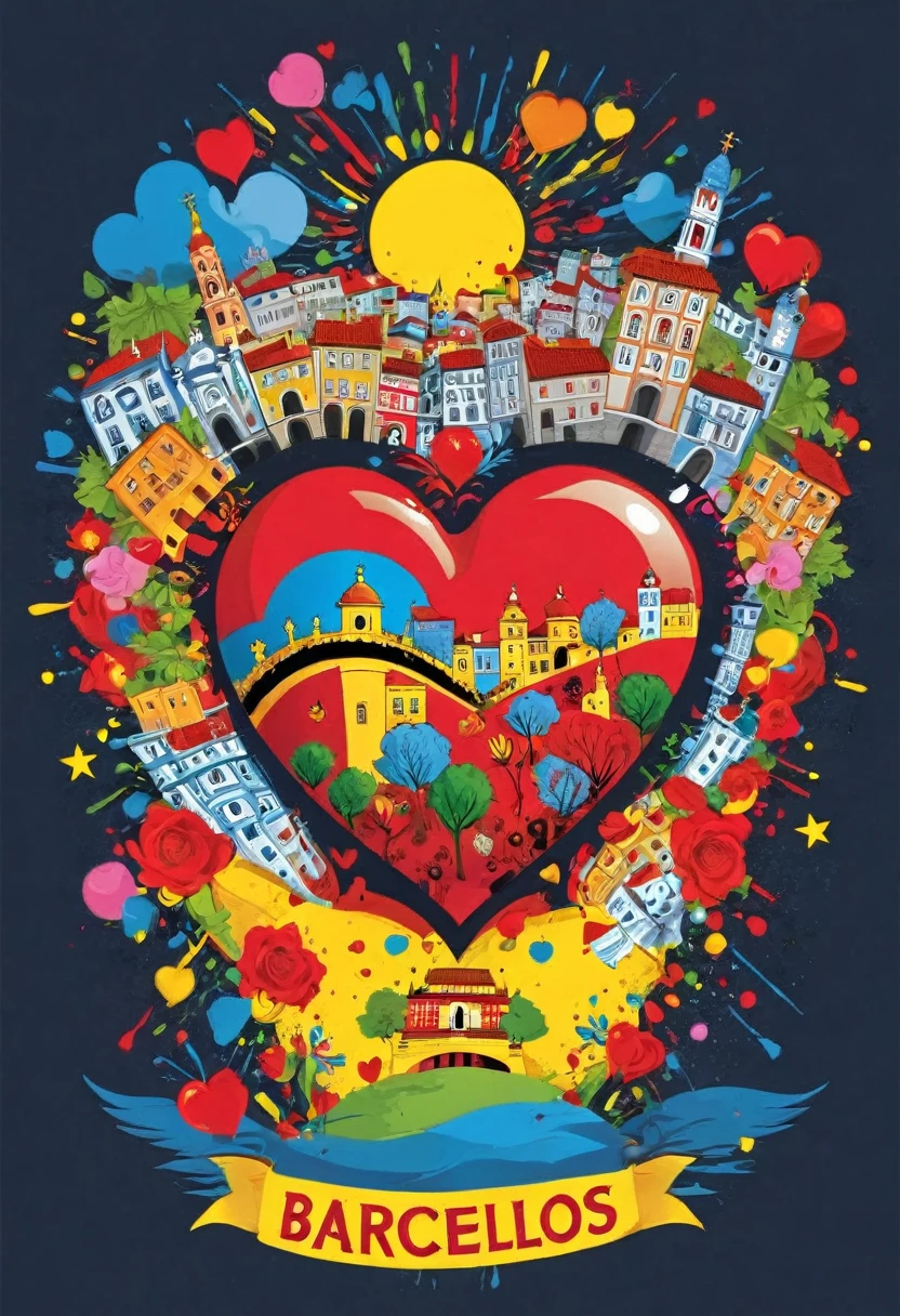 heart shape vector art with a colorful illustration, city of Barcelos, texto meio circular com  "Barcelos", in the center, vibrant colors, paint splashes and stains, high detail, t-shirt designs (work of art, best quality, professional, perfect composition, very aesthetic, absurd, super detailed, Intricate details:1.3)