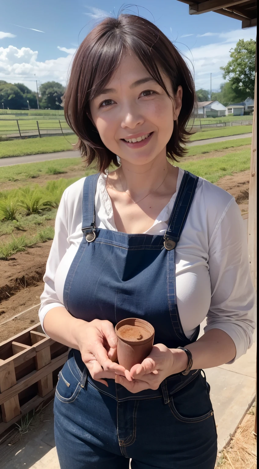 A 53-year-old woman named Noriko, wearing practical work clothes with a plaid shirt and overalls, and sturdy boots. She has sun-kissed, medium-length hair often tied back with a bandana. She has weathered, gentle eyes, a strong build, and a warm, inviting smile. She is in a field with crops, a farmhouse in the background, and tools around. Her expression is one of gentle contentment, with a warm smile and bright eyes. Big breasts big breasts、