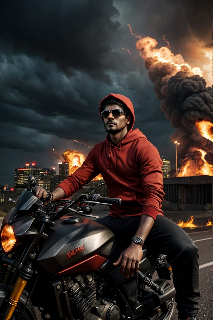 Create a dramatic 3D image of a post-apocalyptic cityscape in the background, with a 25-year-old boy sitting on a fiery motorcycle, holding a glowing 3D nameplate with the name ‘RAJAN’ in flames, wearing a red hoodie, black pants, and sunglasses, with a bold and fearless expression, as if riding into a blazing inferno, with sparks and embers flying everywhere, and a dark, ominous sky looming above, capturing the intensity and danger of the scene.”