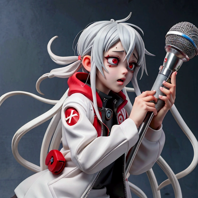 Shiro from deadman wonderland in front of the microphone. There's a swastika in the background.