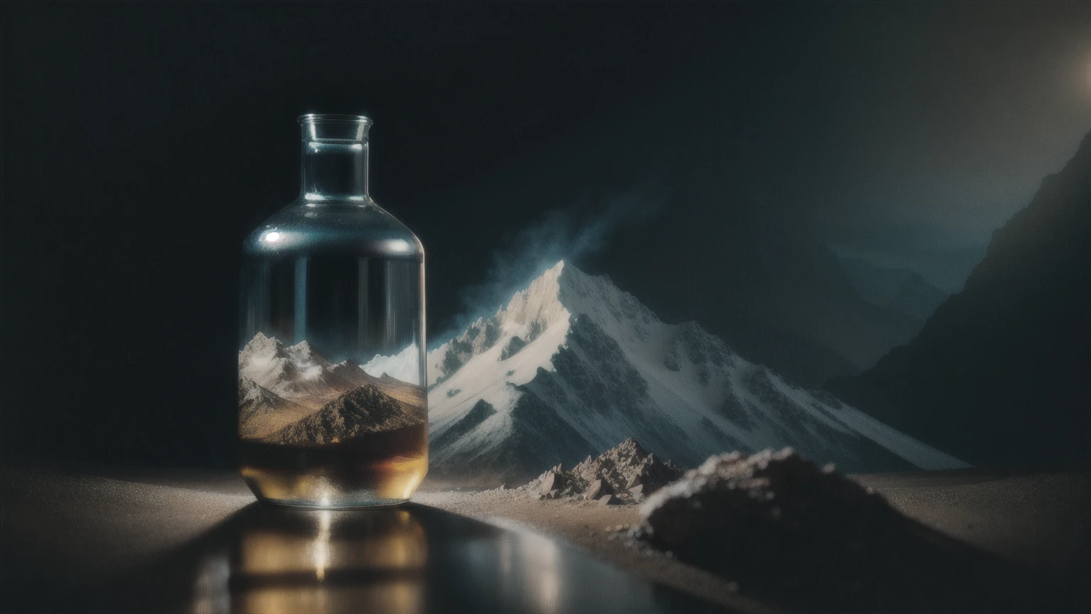 MOUNTAIN IN THE BOTTLER, fluffy, realistic, atmospheric light refraction, by lee jeffries nikon d850 film stock photograph 4 kodak portra 400 camera f1.6 lens rich colors hyper realistic lifelike texture dramatic lighting unreal engine trending on artstation cinestill 800, Style-Glass