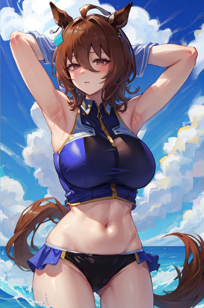 8K, high resolution, NSFW, from below, (gigantic ), huge pelves, inner flesh, agnes tachyon \(umamusume\), swimwear,
, strong eyes, arms behind head, armpit,