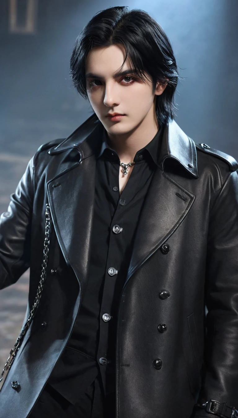 masterpiece, best quality, 1 person, aldult, Male focus, Solitary, Medium-length black hair, Vibrant dark eyes, Looking at the audience, Shut up, Emo, Fantasy Aesthetics, Very detailed, Shadowverse Style, Leather coat
