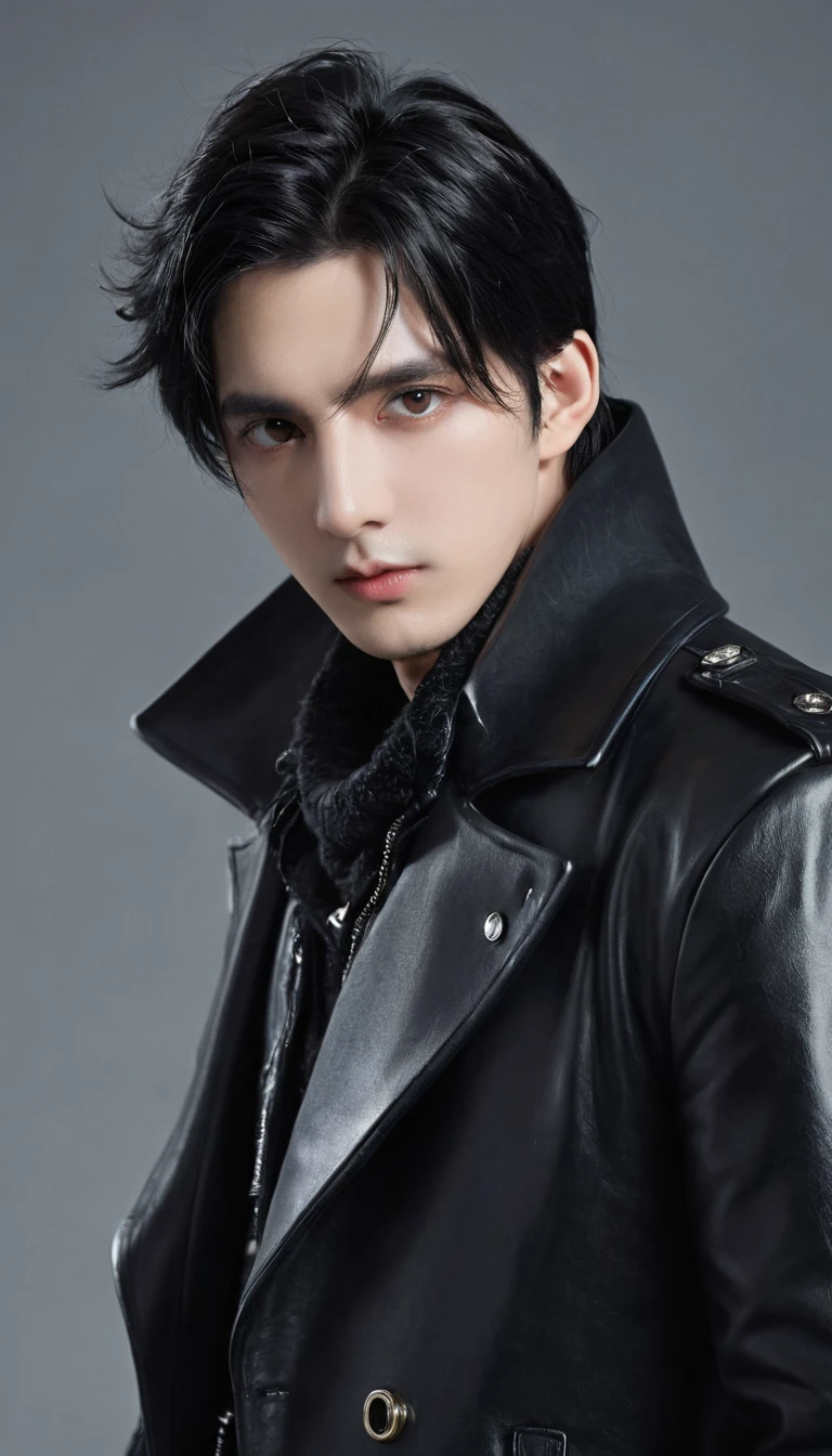 masterpiece, best quality, 1 person, aldult, Male focus, Solitary, Medium-length black hair, Vibrant dark eyes, Looking at the audience, Shut up, Emo, Fantasy Aesthetics, Very detailed, Shadowverse Style, Leather coat