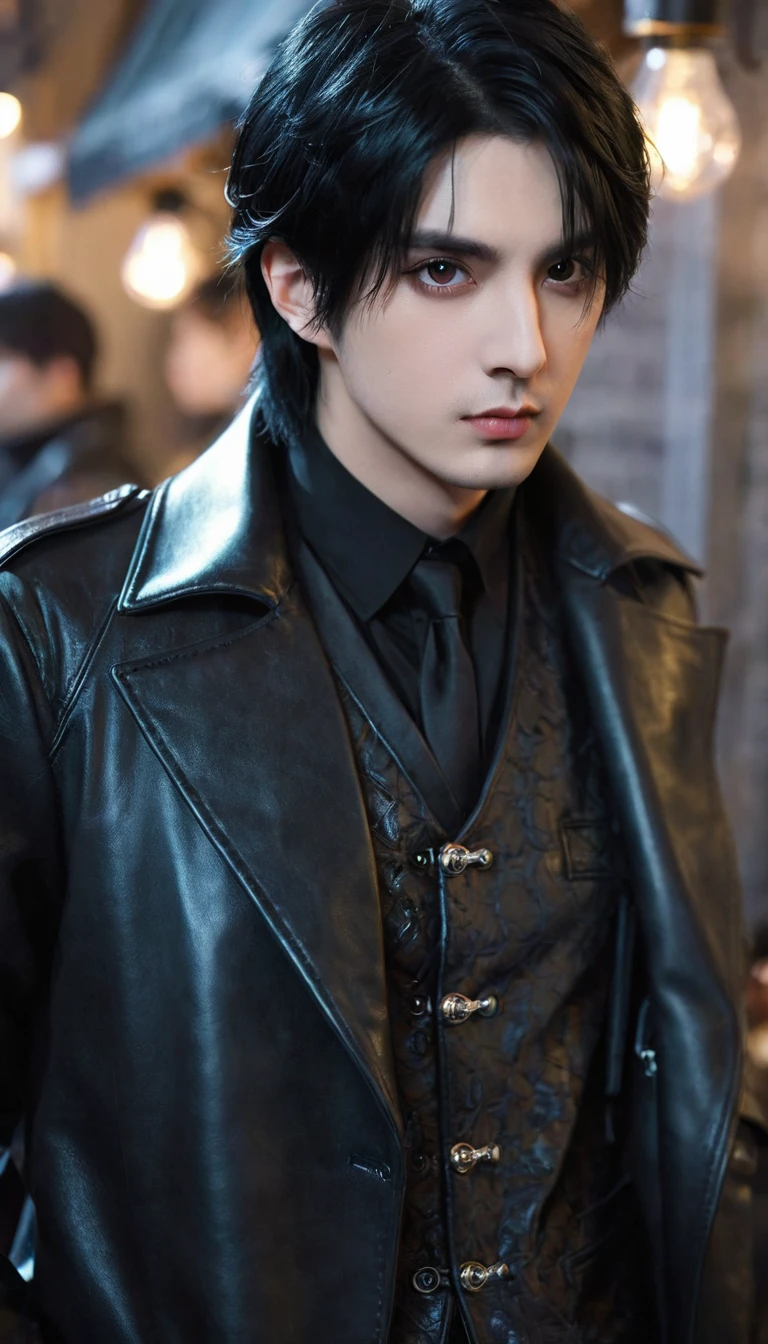 masterpiece, best quality, 1 person, aldult, Male focus, Solitary, Medium-length black hair, Vibrant dark eyes, Looking at the audience, Shut up, Emo, Fantasy Aesthetics, Very detailed, Shadowverse Style, Leather coat
