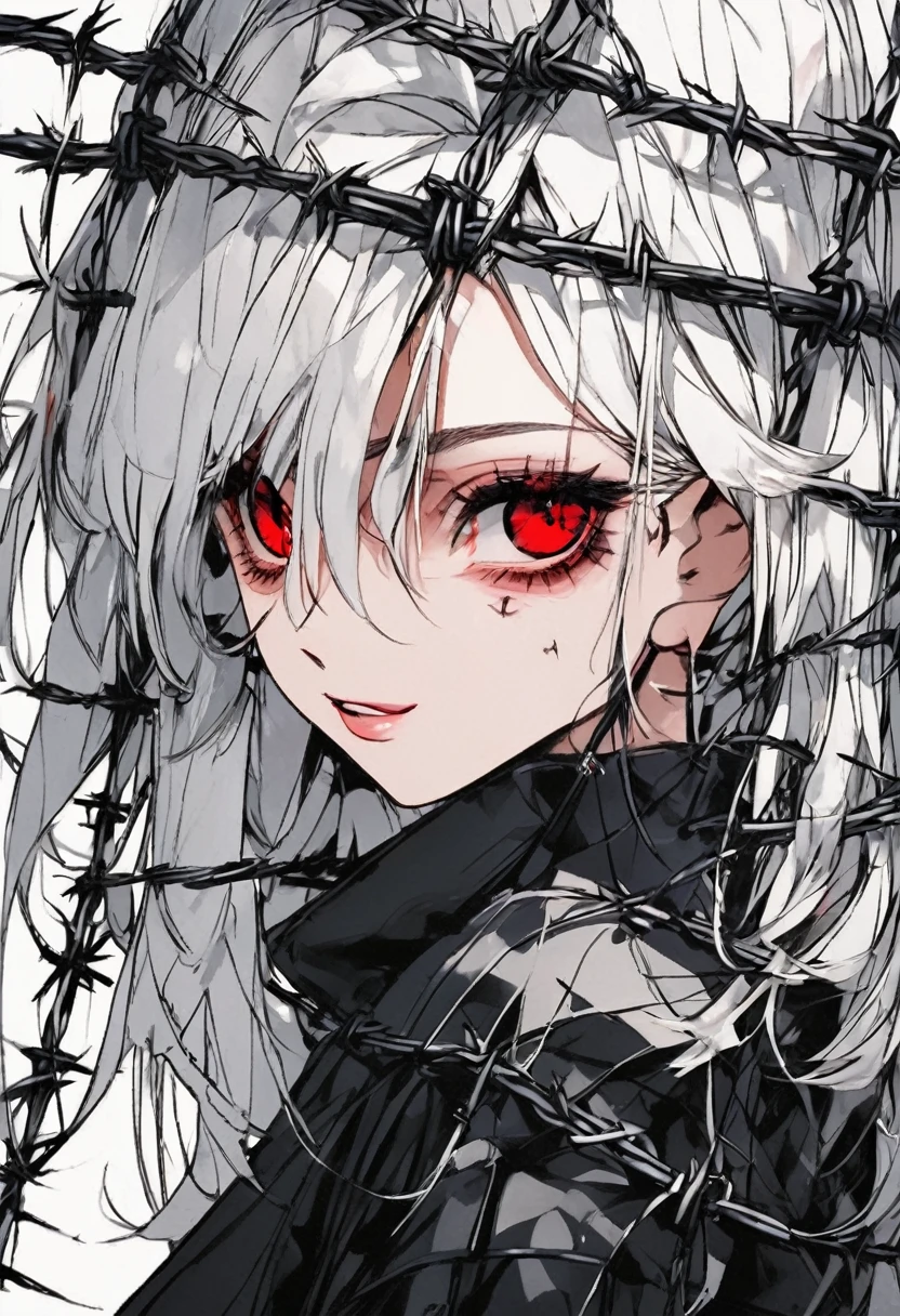 Beautiful white-haired girl with piercing red eyes, Open your lips wide and smile, Black nails, Barbed wire everywhere(Wrapped in black barbed wire)