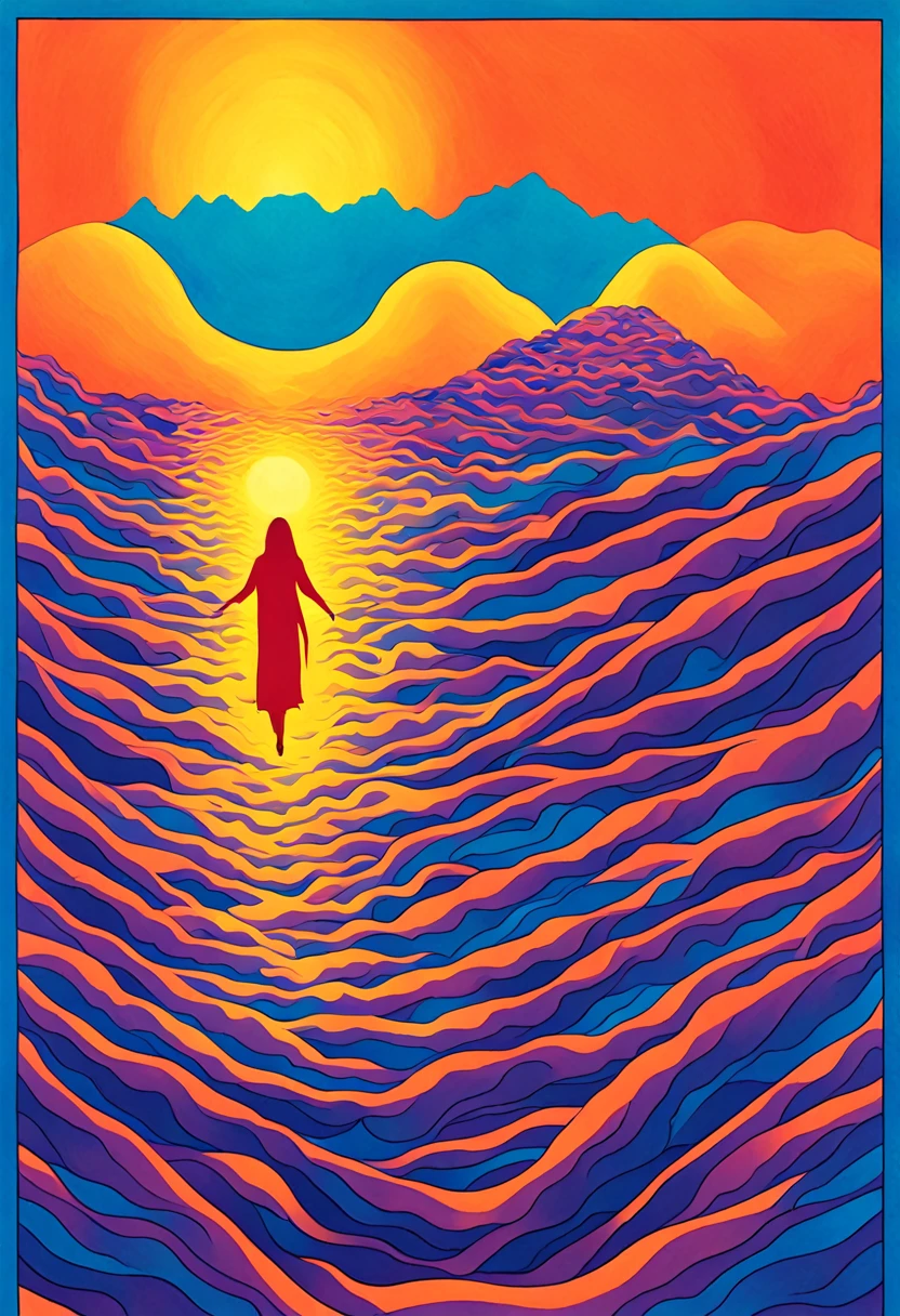 album cover with modern and minimalist frame, orange human figure emerging from the blue sea and ascending to the violet heavens, yellow inca sun in the upper background, mountains in the lower background, swirly vibrant colors, psychedelic art