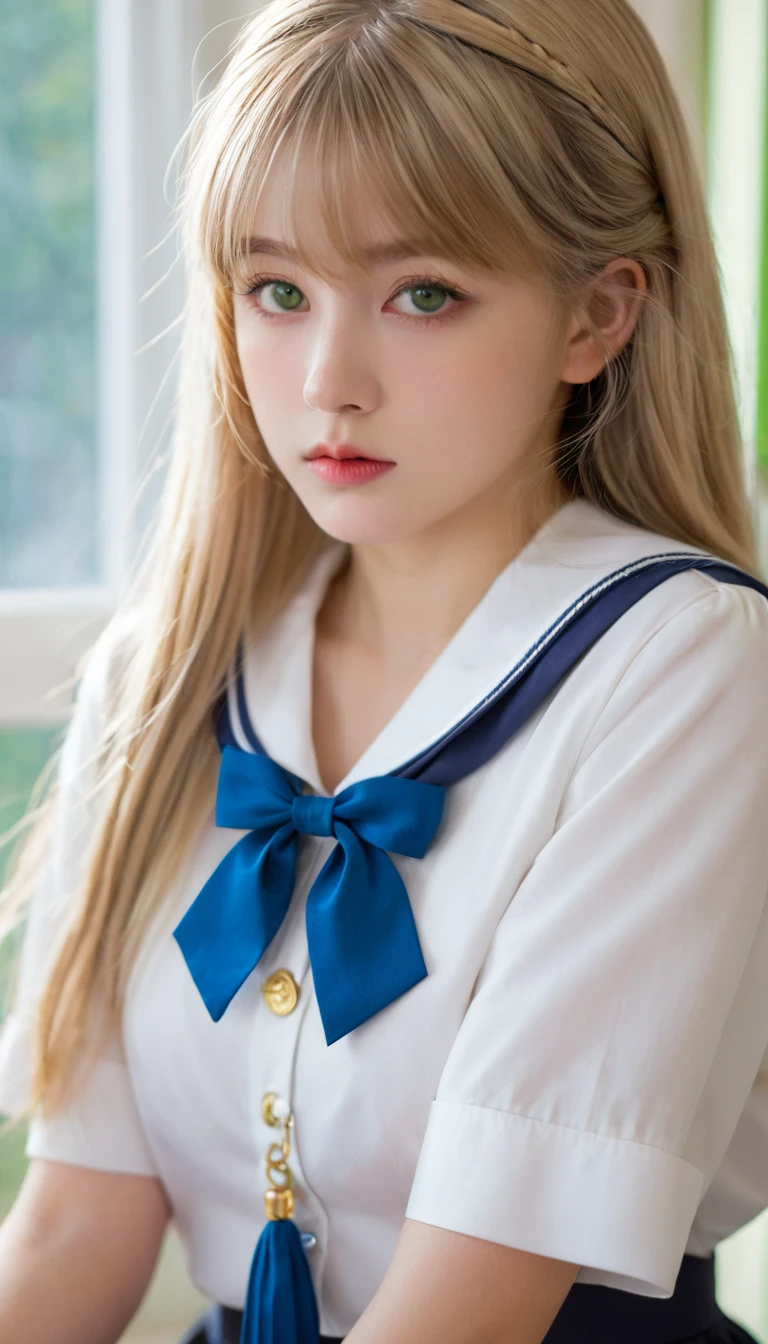 ((masterpiece,best quality, high resolution)), 1 Girl, Solitary, Green Eyes, Long blond hair tied with a blue ribbon, Bangs, sit, Cross your arms on the table, Sleeping with arms folded, Uniforms, White Seraph, Red sailor collar, Short sleeve, White pleated skirt, (In the library), Dramatic lighting, Next to the window, afternoon light through the window, afternoon, Bokeh effect