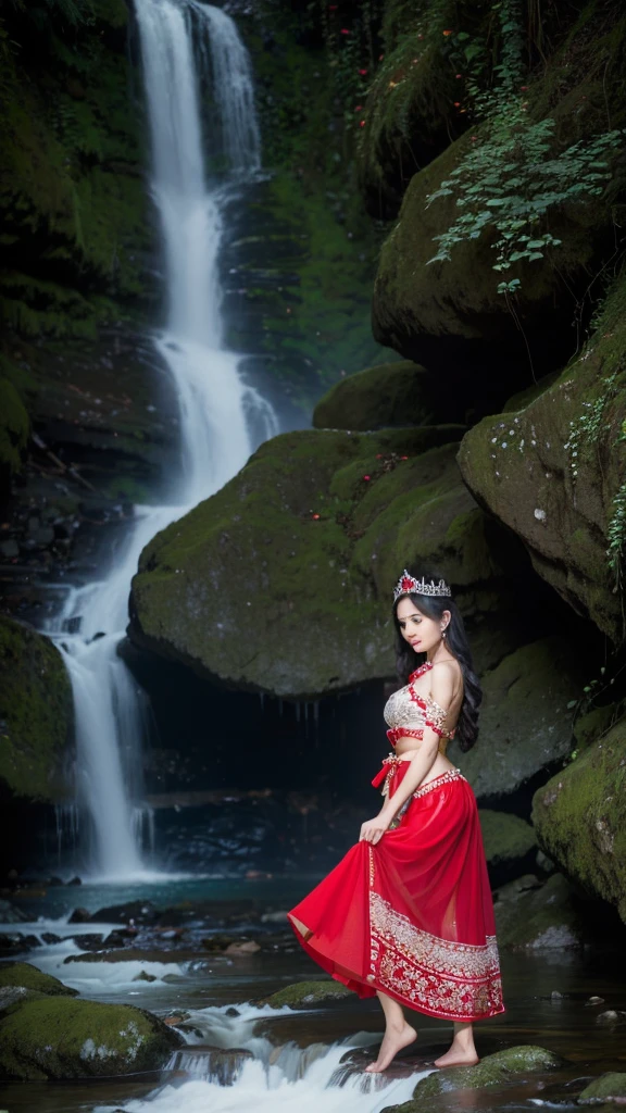 Thai beauties are dancing in red and white Thai dresses with beautiful flowing chiffon skirt patterns. Wearing a crown of diamonds, arms, wrists, and ankles, the backdrop is a waterfall along a high mountain stream, soft light.